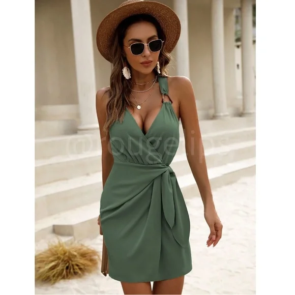 Light Army Olive Green Both Straps Embellished Mini V-Neck Mock Wrap Dress - Picture 6 of 8